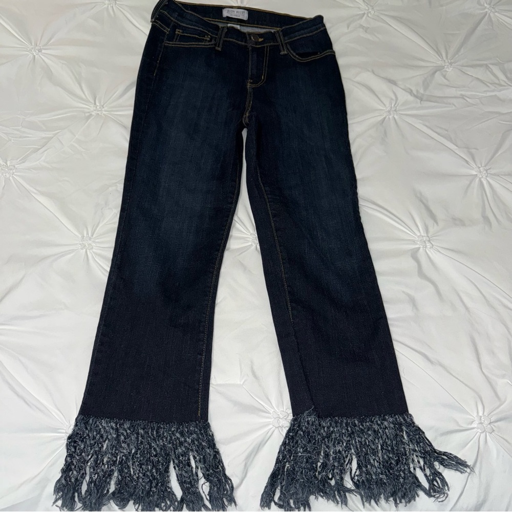 Judy Blue Flare Jeans with Fringe Hem in Blue